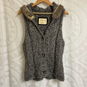 Natural Reflections Cable Knit Button Front Sweater Vest, Faux Fur Lined Hood